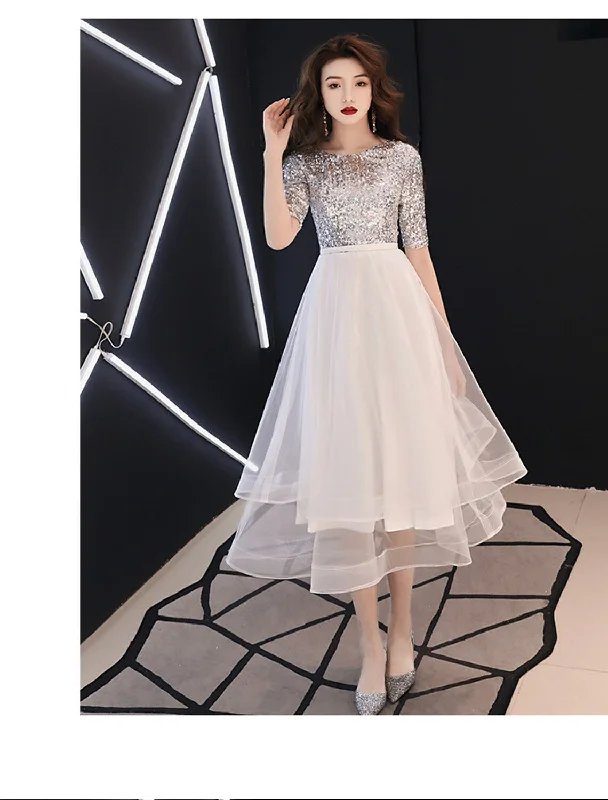 A-Line Sparkle White Cocktail Party Prom Dress Jewel Neck Half Sleeve Tea Length Satin with Sequin Tier Tunics Review highly