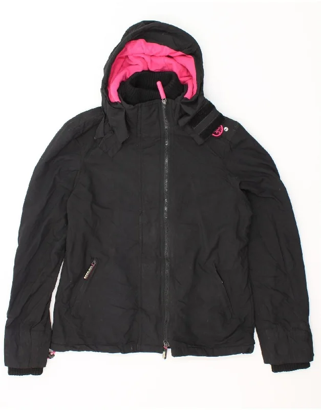 SUPERDRY Womens Windcheater Hooded Windbreaker Jacket UK 16 Large Black Zippered Front Buttoned Front Snap Front