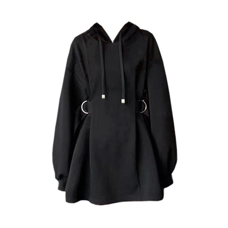Loose Hooded Sweatshirt Dress Hoodie with Hem Raw Edge Edgy Unfinished