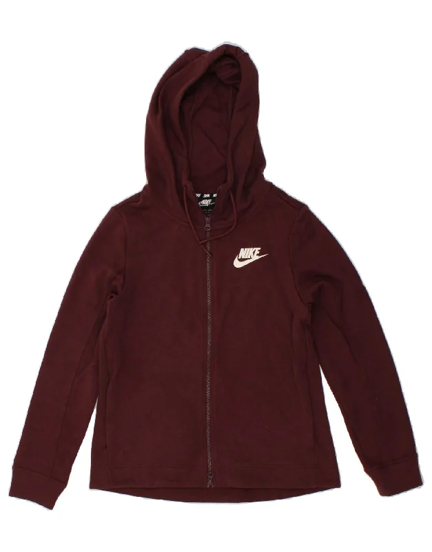 NIKE Womens Loose Fit Zip Hoodie Sweater UK 6 XS Burgundy Toggled Drawstring Belted