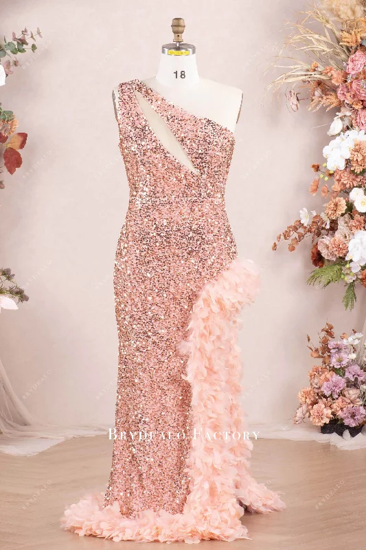 Plus Size Sparkly Sequin One Shoulder Slit Feather Prom Dress Tunics Trousers formal