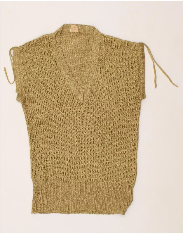 VINTAGE Womens Short Sleeve V-Neck Jumper Sweater UK 10 Small Beige Lace Blend Ribbed Blend Corduroy Blend