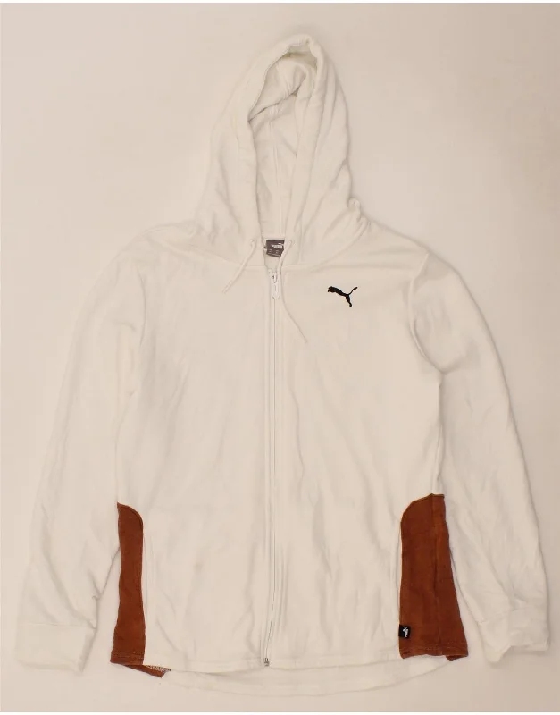 PUMA Womens Zip Hoodie Sweater UK 12 Medium White Colourblock Cotton Front Pockets Side Pockets Patch Pockets