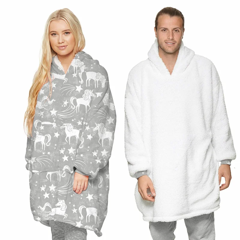 TARRAMARRA® Reversible Hoodie Blanket Unisex Grey Unicorn Hoodie with Elastic Waist Stretchable Comfortable