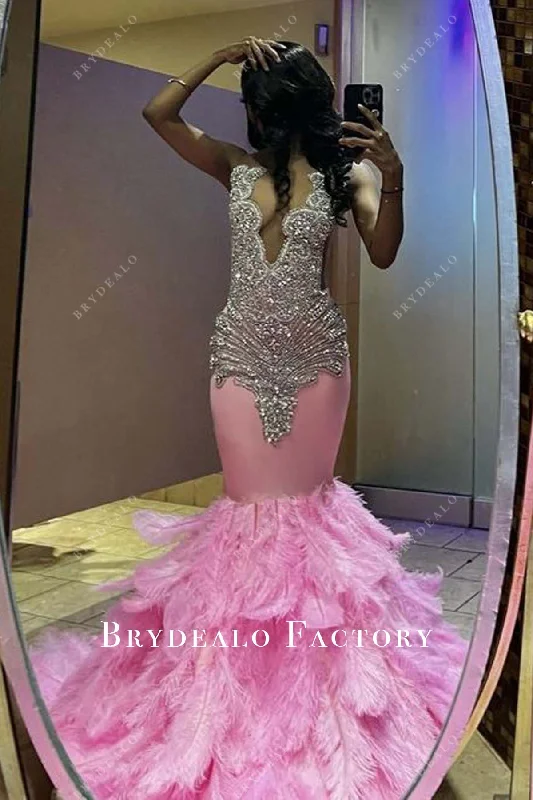 Pink Ostrich Feathers Mermaid V-neck Crystals Prom Dress Tunics Evening elegant