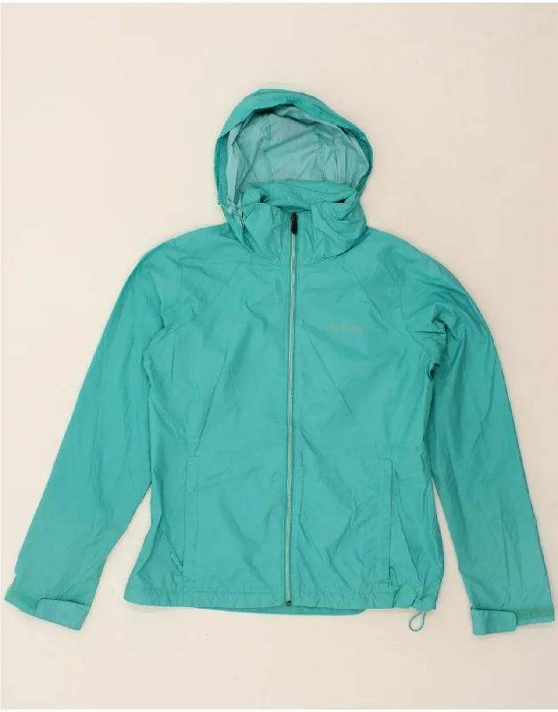 COLUMBIA Womens Hooded Rain Jacket UK 14 Medium Turquoise Nylon Wool Fabric Cashmere Fabric Tweed Fabric