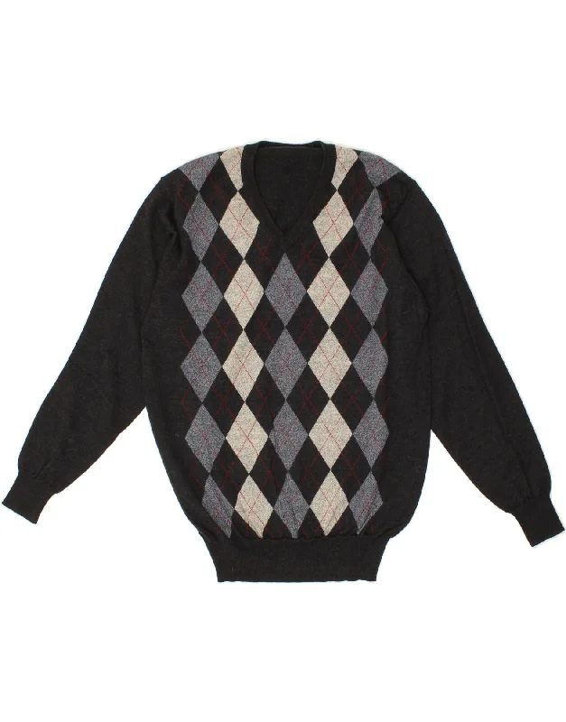 VINTAGE Womens V-Neck Jumper Sweater UK 16 Large Grey Argyle/Diamond Wool Fitted Slim Tailored