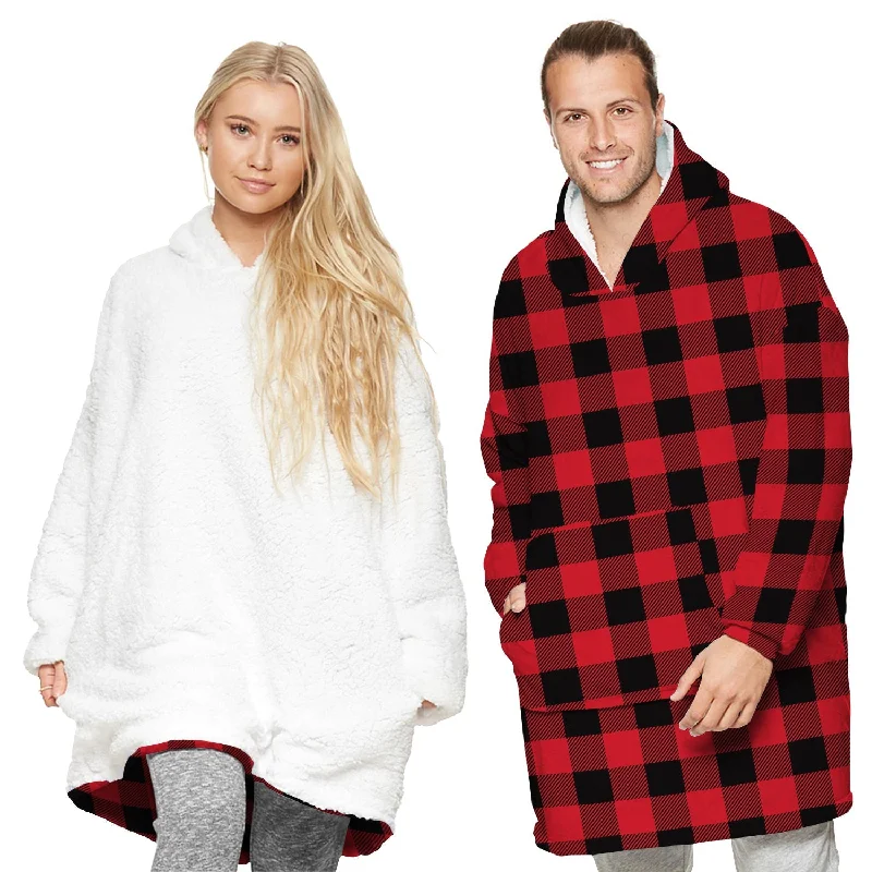 TARRAMARRA® Reversible Hoodie Blanket Unisex Black and Red Check Hoodie with Velcro Closure Adjustable Secure