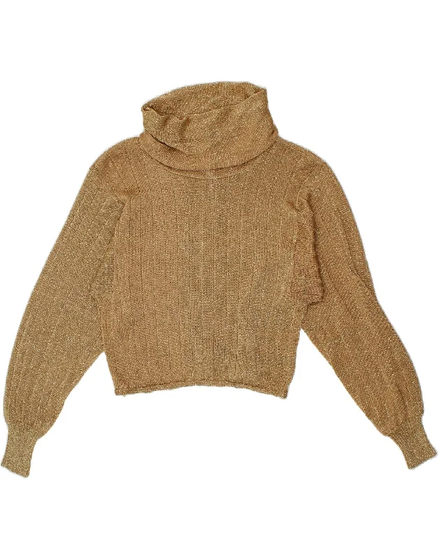 VINTAGE Womens Crop Roll Neck Jumper Sweater IT 42 Medium Gold Chenille Brocade Lace