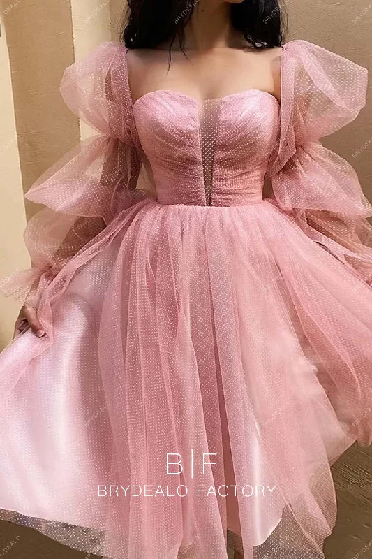 Flamingo Dot Tulle Marie Sleeves Tea Length Prom Homecoming Dress Tunics Business professional