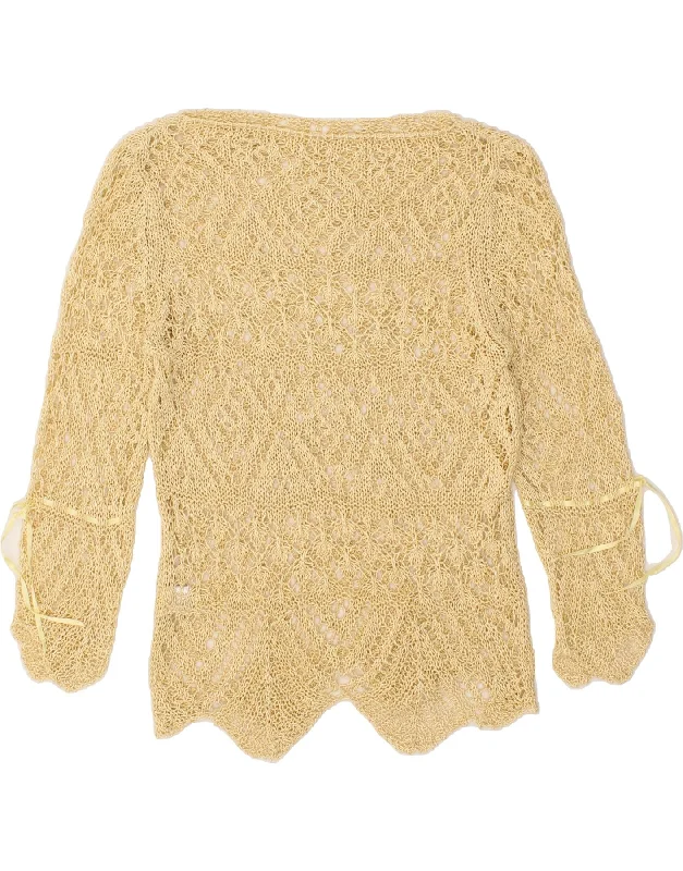 VINTAGE Womens Crochet Boat Neck Jumper Sweater UK 16 Large Beige Mesh Sweater Canvas Denim