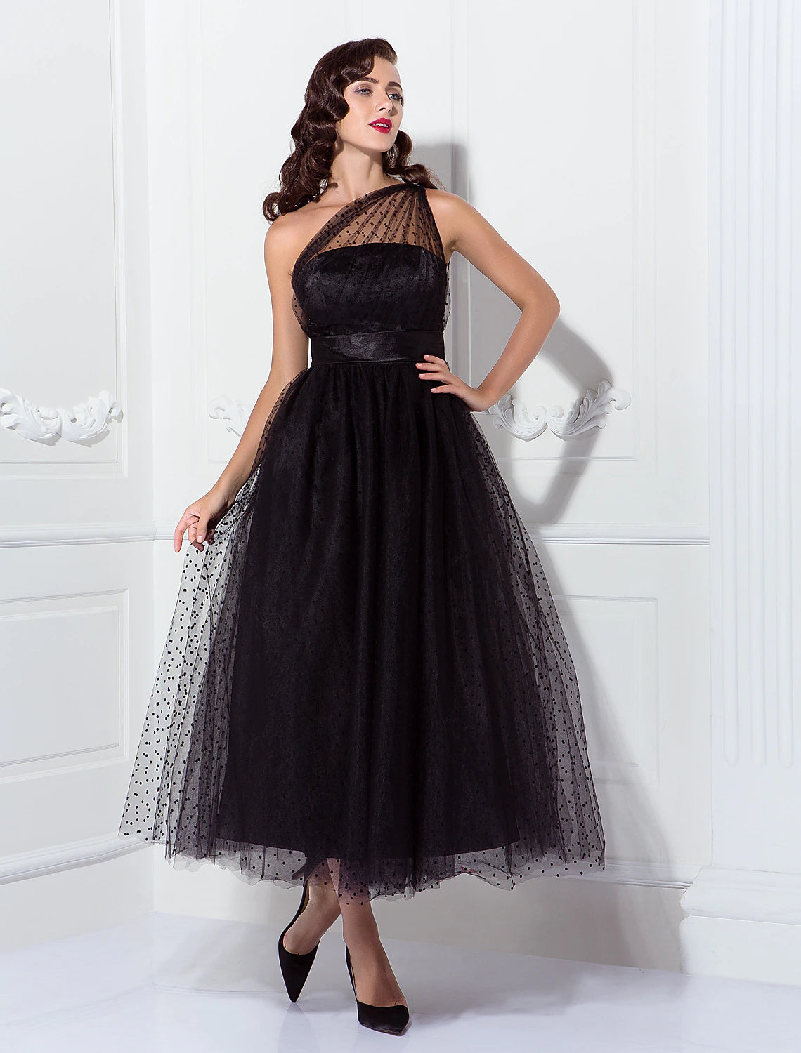 A-Line Cocktail Dresses Vintage Dress Wedding Guest Ankle Length Sleeveless One Shoulder Wednesday Addams Family Tulle with Pleats Pattern / Print Tunics Occasion special