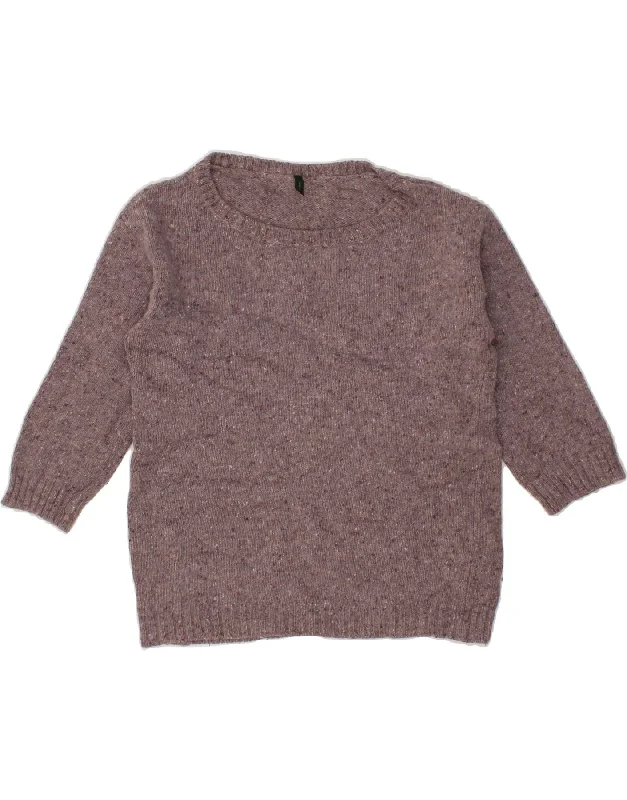 BENETTON Womens Boat Neck Jumper Sweater UK 12 Medium Purple Flecked Graphic Sweater Embroidered Appliqued