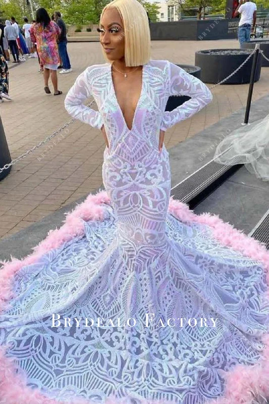 White Sequin Plunging Pink Feather Mermaid Prom Dress Tunics Long Elegant