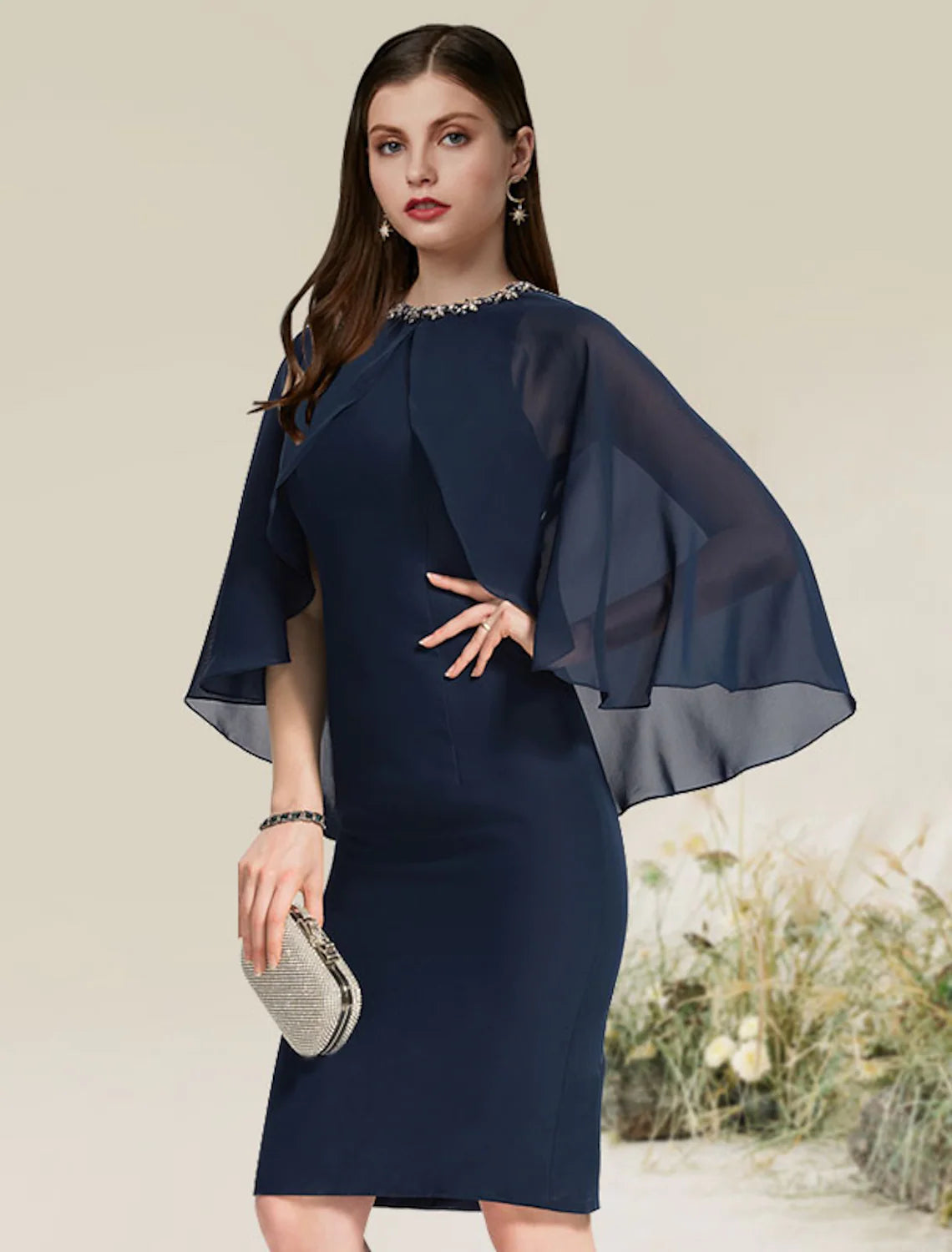Sheath / Column Cocktail Dresses Little Black Dress Dress Party Wear Knee Length Half Sleeve Jewel Neck Chiffon with Beading Tunics Trendy modern
