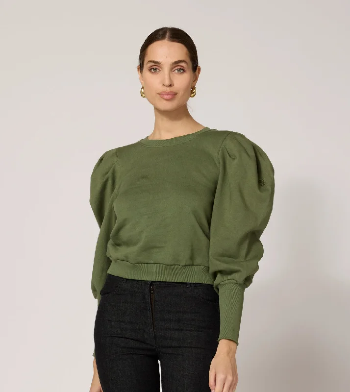 Indi Sweatshirt - Army Green Hoodie with Rolled Sleeves Casual Relaxed