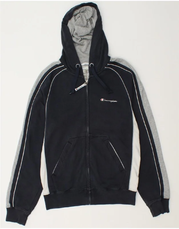 CHAMPION Womens Zip Hoodie Sweater UK 10 Small Navy Blue Colourblock Rayon Fabric Velvet Fabric Corduroy Fabric