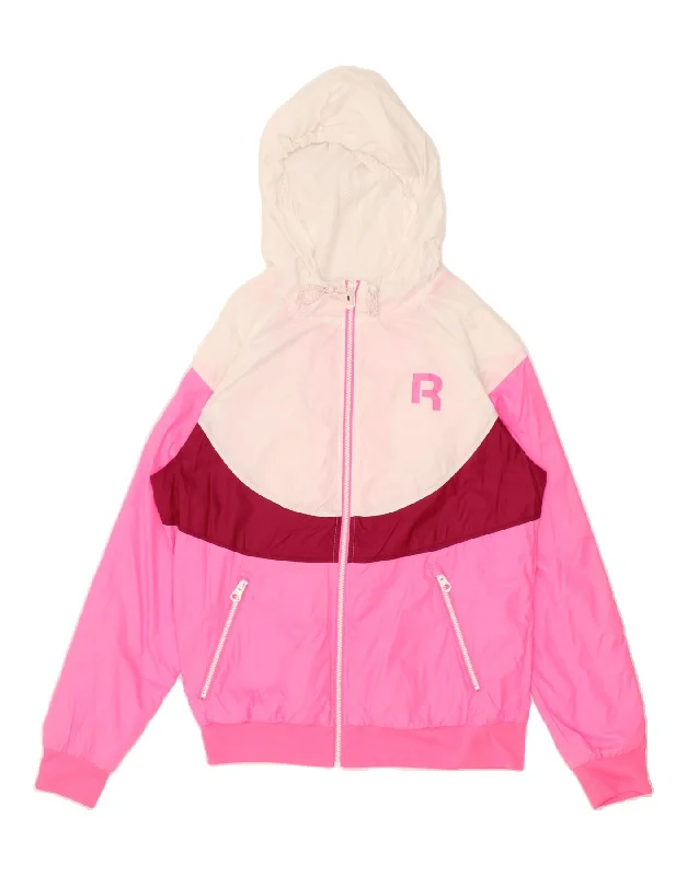REEBOK Womens Hooded Rain Jacket UK 12/14 Medium Pink Colourblock Satin Fabric Silk Fabric Chiffon Fabric