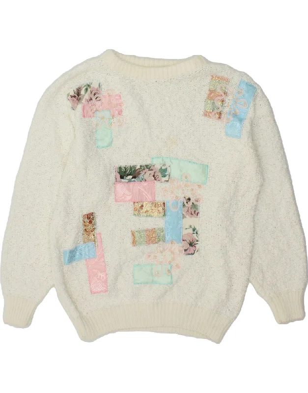 VINTAGE Womens Boat Neck Jumper Sweater UK 14 Medium White Patchwork Fitted Slim Tailored