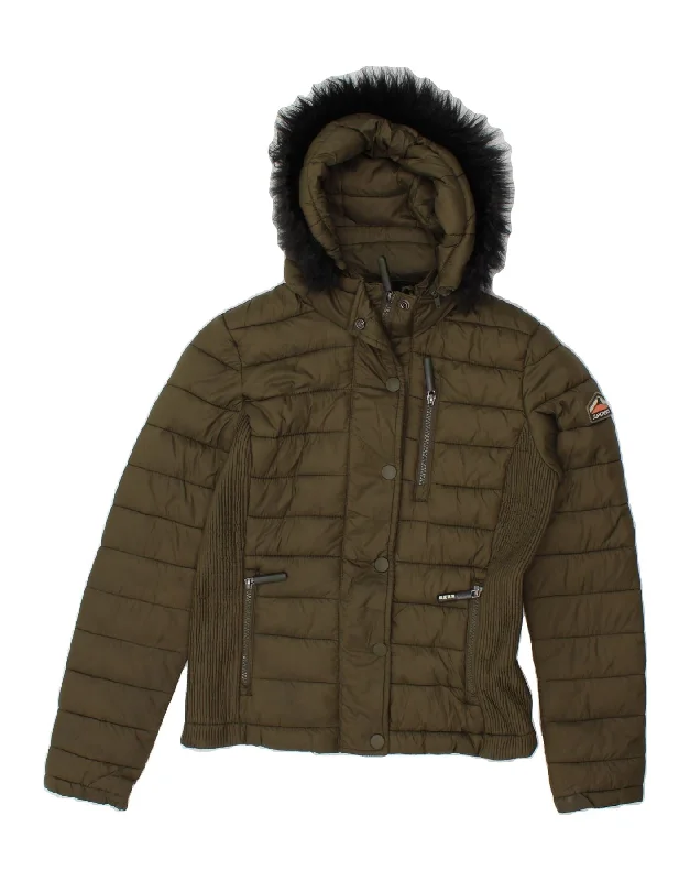 SUPERDRY Womens Padded Jacket UK 10 Small  Khaki Tiered Jacket Buttoned Jacket Zippered Jacket
