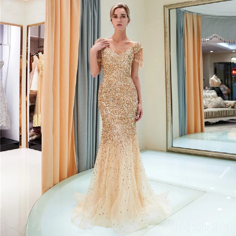 Sparkly Sequin Cap Sleeve Tulle Mermaid Backless Beaded Prom Dress, FC1777 Tunics Wedding white