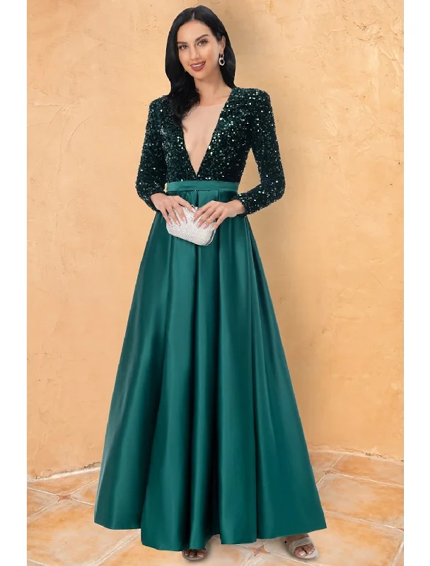 Ball Gown Cocktail Dresses Wedding Party Floor Length Long Sleeve V Neck Sequined with Sequin Floral Print girly