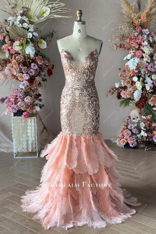 Rose Gold Embroidery Sequin Big Feather Mermaid Prom Dress Tunics Versatile stylish