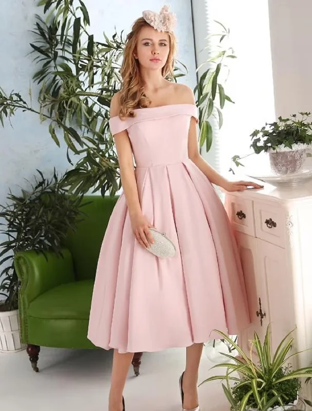 A-Line Cocktail Dresses Vintage Dress Engagement Tea Length Sleeveless Off Shoulder Stretch Fabric with Pleats Tunics Designer luxury