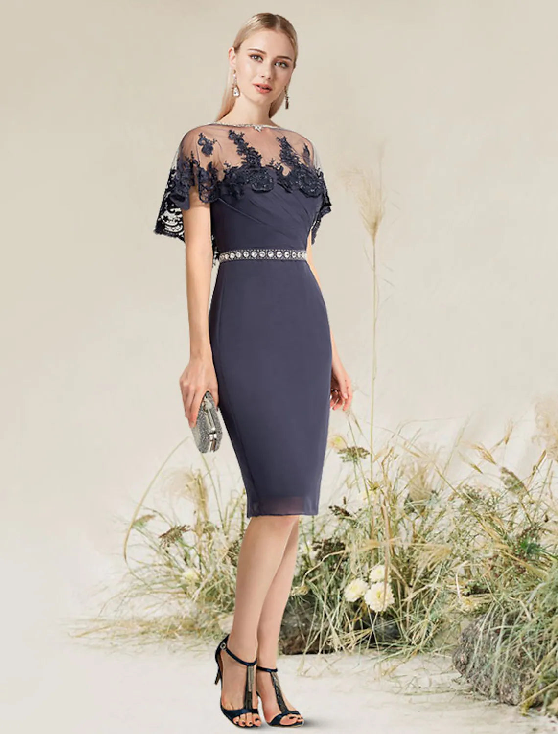 Sheath / Column Cocktail Dresses Convertible Dress Wedding Guest Knee Length Short Sleeve Strapless Lace with Lace Insert Appliques Casual Short Summer
