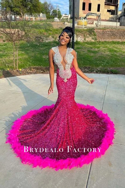 Rhinestones Fuchsia Feather Sequin Mermaid Prom Dress Tunics Mesh breathable