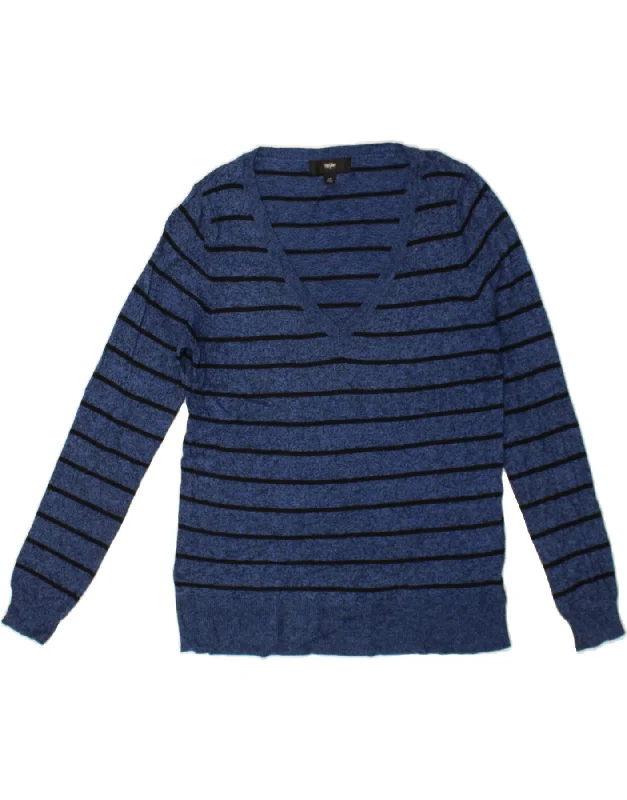 MOSSIMO Womens V-Neck Jumper Sweater UK 14 Large Navy Blue Striped Nylon Neon Metallic Matte