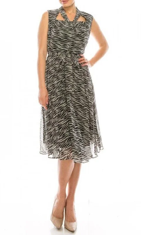 Maison Tara - 91087MSC Sleeveless Zebra Print Knee Length Dress Elegant Long Evening