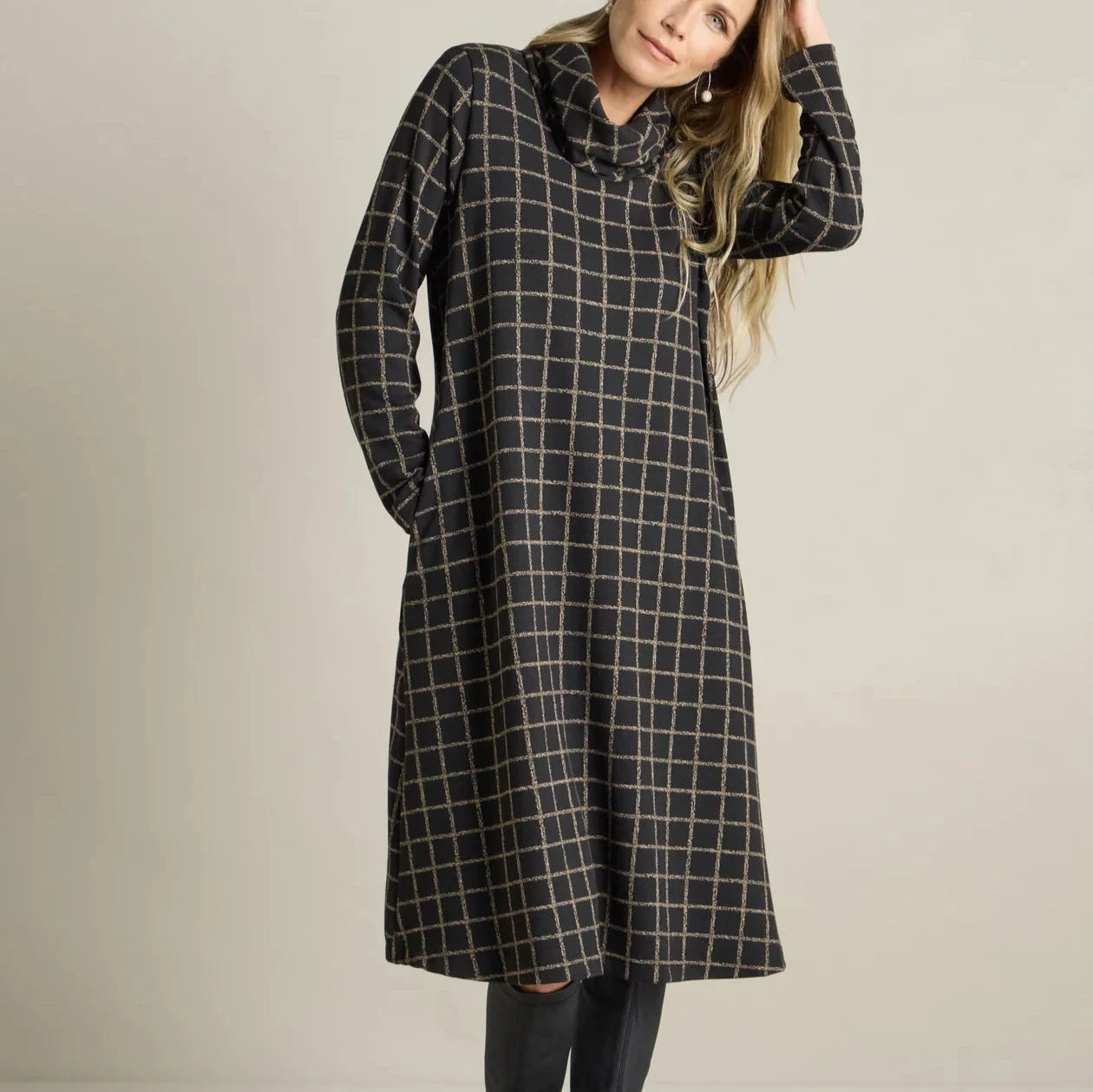 Small Broken Check Jersey Cowl Neck Dress - Black / Taupe Designer Jersey Tee