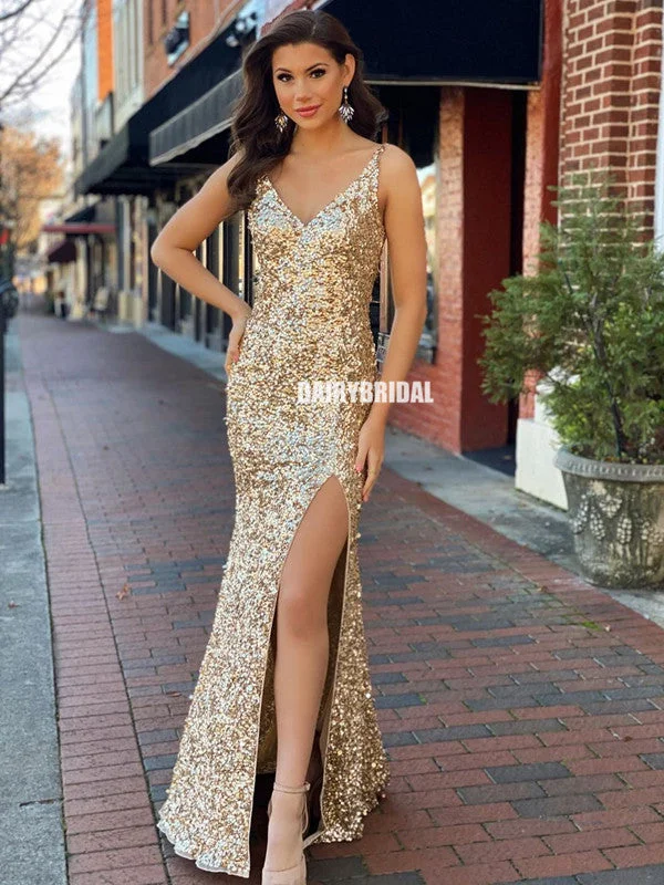 Sparkle Sequin Mermaid Sexy Slit V-neck Prom Dresses, FC4430 Tunics Fashionable trendy