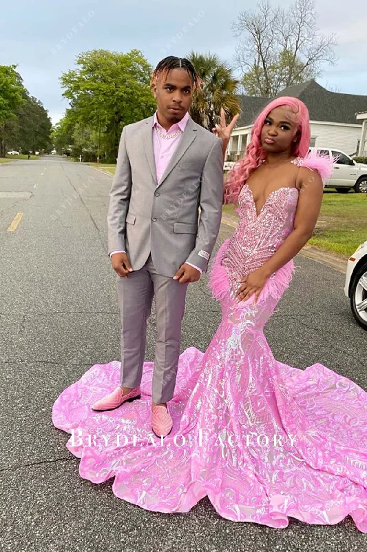 Pink Ostrich Feather Sequin Rhinestone Mermaid Formal Dress Tunics Short Trendy