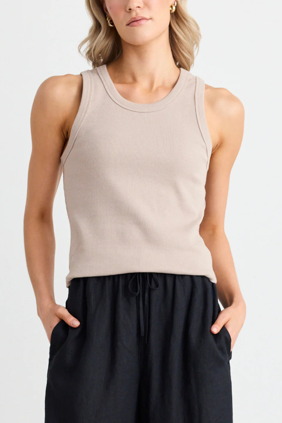 RE:UNION COBBLE STONE RIB TANK - STONE cutout tank top