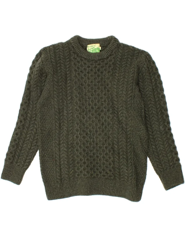 SHADES OF ARAN Womens Boat Neck Jumper Sweater UK 10 Small Khaki Wool Solid Print Embellished