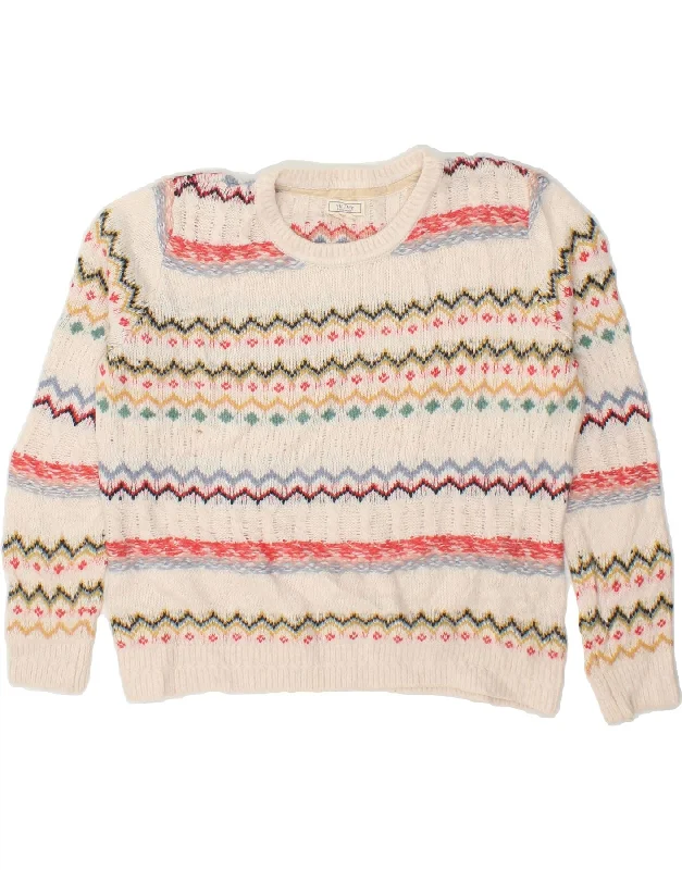 FAT FACE Womens Boat Neck Jumper Sweater UK 12 Medium White Fair Isle Stretchy Elastic Breathable