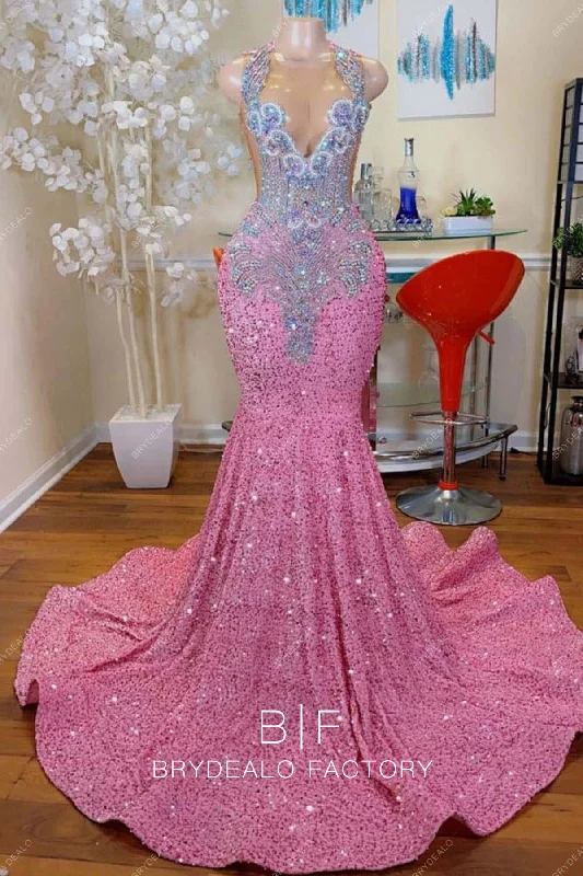 Hot Pink Sequin Mermaid Custom Crystal Halter Sleeveless Prom Dress Tunics Distressed trendy
