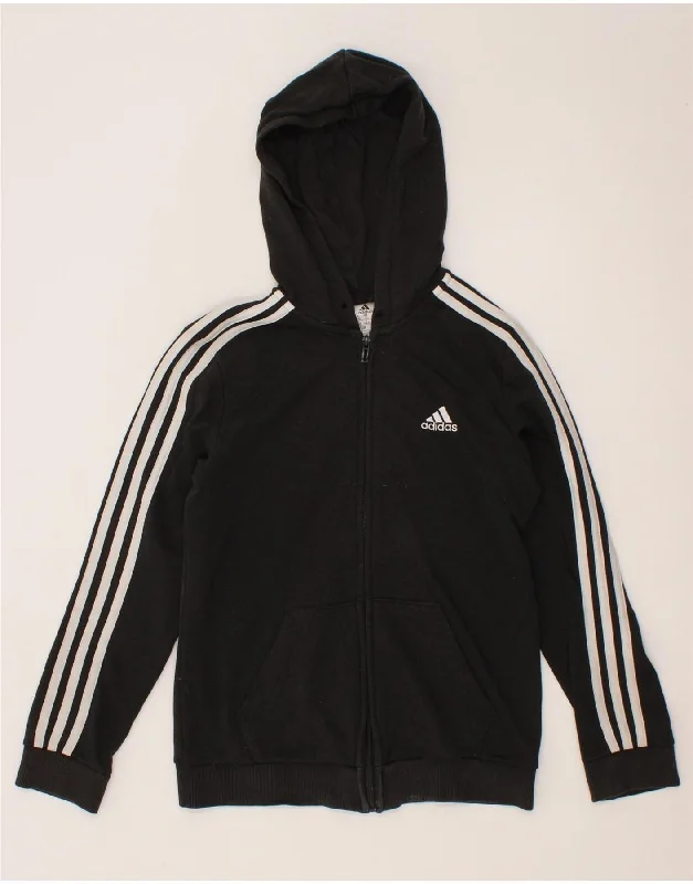 ADIDAS Womens Zip Hoodie Sweater UK 8/10 Small Black Cotton Zippered Buttoned Snapped