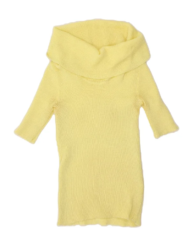 VINTAGE Womens Short Sleeve Roll Neck Jumper Sweater UK 4 XS Yellow Tailored Straight A-Line