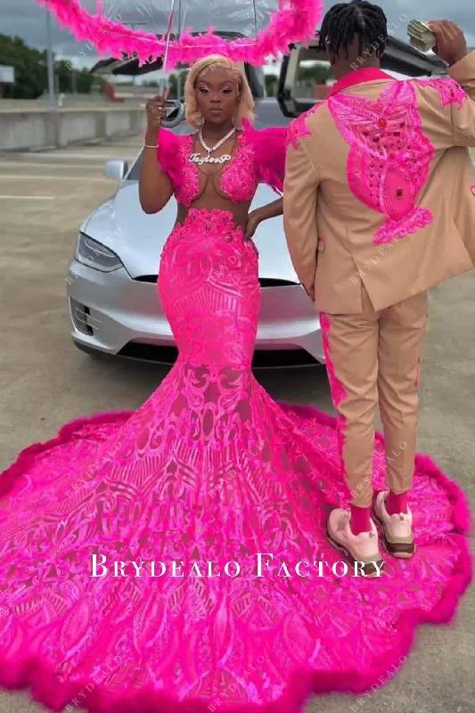 Fuchsia Sequin Long Train Mermaid Feather Shoulder Prom Dress Tunics stripes playful