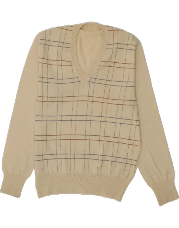 VINTAGE Womens V-Neck Jumper Sweater IT 52 2XL Off White Check Virgin Wool Silk Blend Satin Velvet