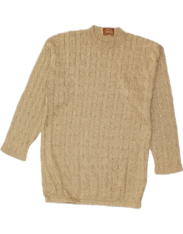 VINTAGE Womens Crew Neck Jumper Sweater UK 16 Large Gold Cupro Knit Fabric Woven Fabric Fleece Fabric