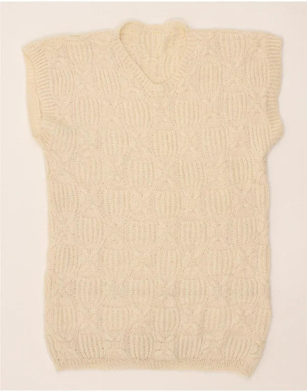 VINTAGE Womens Short Sleeve V-Neck Jumper Sweater UK 14 Medium Off White Print Jacquard Patchwork
