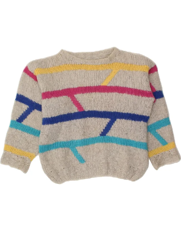 VINTAGE Womens Boat Neck Jumper Sweater UK 18 XL Grey Striped Zippered Front Buttoned Front Snap Front