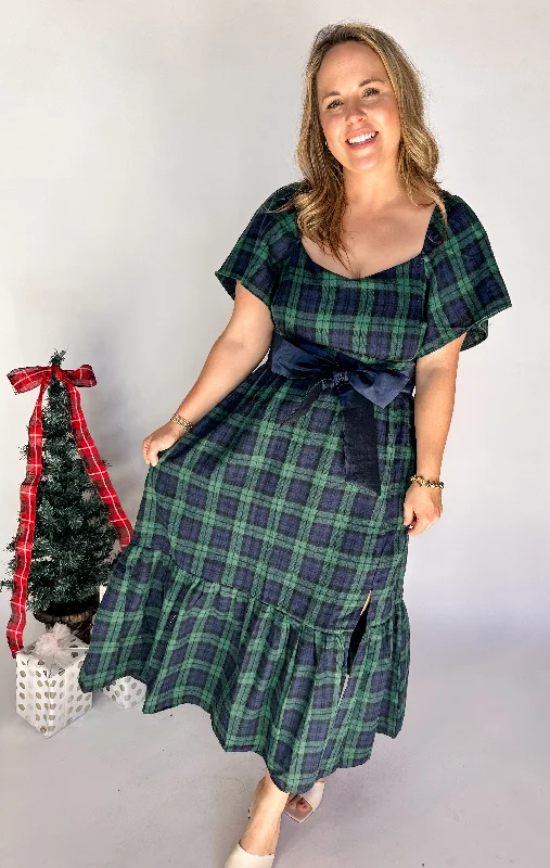 Tartan Plaid Detachable Waist Tie Dress- Green Tunics Chinos classic