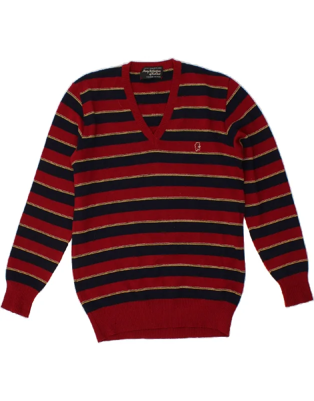 BALLANTYNE Womens V-Neck Jumper Sweater UK 14 Large Red Striped Wool Lightweight Heavyweight Midweight