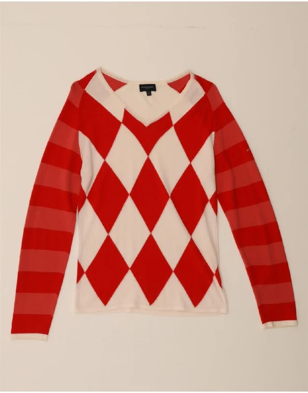 BURBERRY Womens V-Neck Jumper Sweater UK 12 Medium Red Argyle/Diamond Ribbed Striped Patterned
