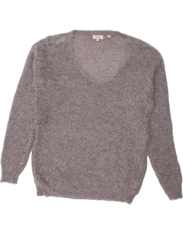 FAT FACE Womens Longline Oversized V-Neck Jumper Sweater UK 8 Small Grey Seamless Knitted Crochet